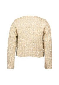 Giacca cropped in tessuto dorato con maniche lunghe, decorata con paillettes. Presenta un orlo dritto e un design minimalista sul retro.