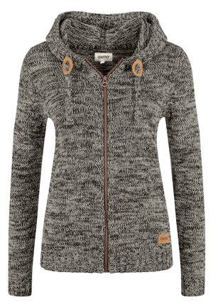 Grijze en zwarte gebreide hoodie met een rits, voorzien van houtkleurige accenten en een grote capuchon. Textuurpatroon door de gehele stof.