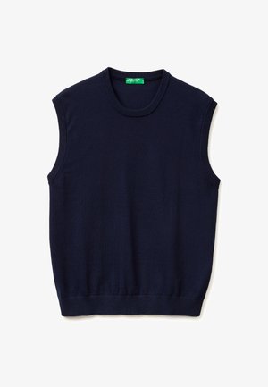 Gilet senza maniche in maglia blu navy con collo rotondo e bordi a coste, mostrato disteso con un'etichetta verde United Colors of Benetton all'interno del colletto.