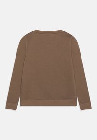 Brun långärmad sweatshirt med rund halsringning, ribbade ärmslut och nederkant. Slät textur, minimal sömdetalj och etikett vid halsringningen.
