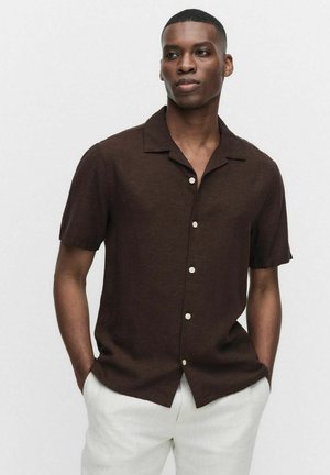 Short-sleeve brown button-up shirt with a collar, made from textured fabric, featuring light-colored buttons against the dark material.