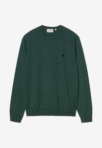 Suéter de punto verde con mangas largas, cuello redondo y un pequeño logo negro en el pecho. Fabricado con un material suave y texturizado.