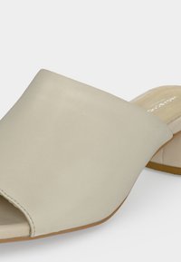 Μπεζ mule με ανοιχτά δάχτυλα, φαρδιά πάνω λουριά και χαμηλό τακούνι block σε λευκό φόντο.