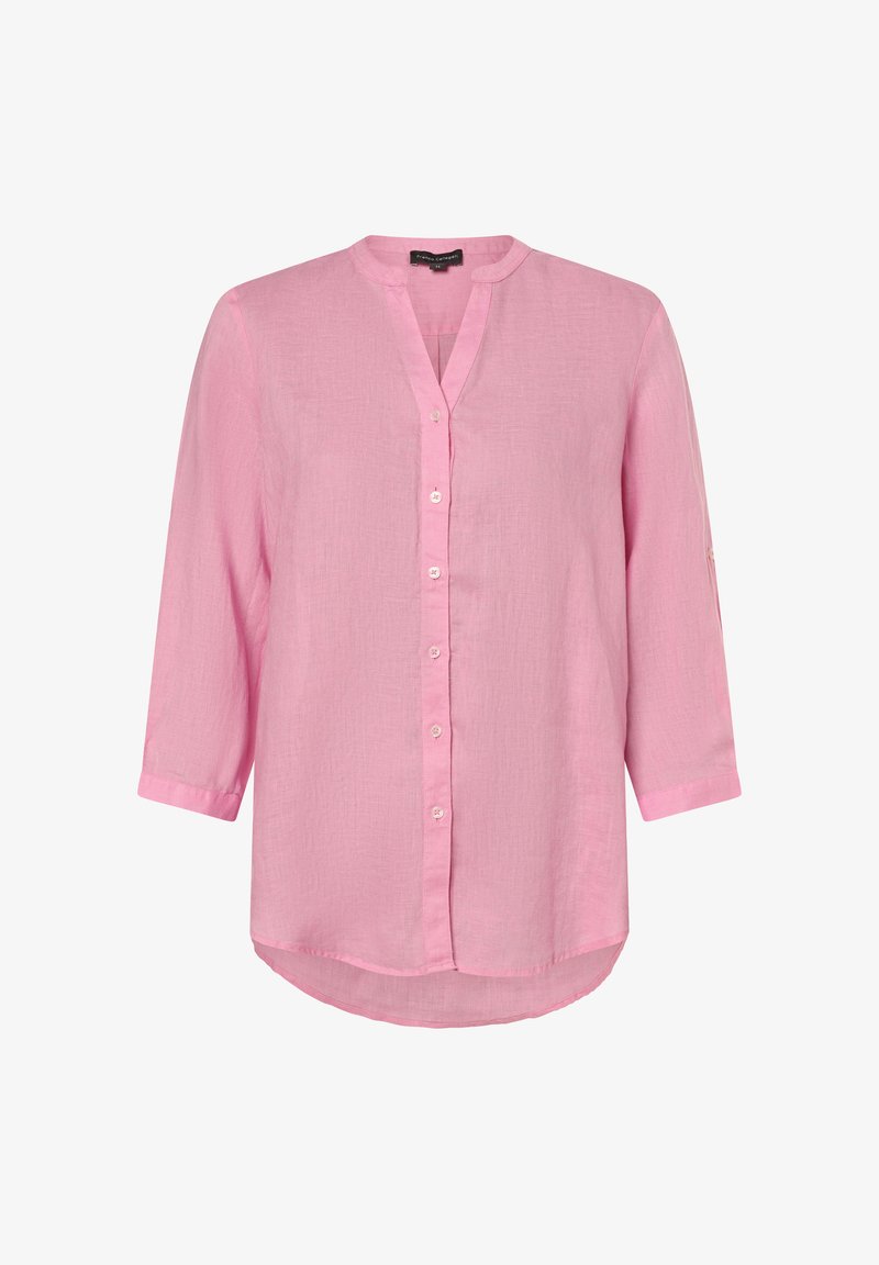 Pink long-sleeve blouse made of lightweight fabric, featuring a V-neckline, button closure down the front, and a rounded hem.