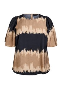 Brun och marinblå mönstrad blus med rund halsringning, korta puffärmar och knäppning bak. Texturerad tyg med slubbfinish.