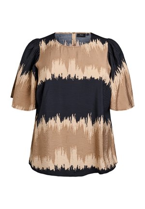 Brown and navy blue patterned blouse with a round neckline, short puffed sleeves, and a back closure. Textured fabric with a slub finish.