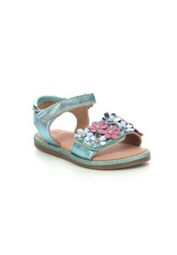 Sandal blu metallizzato con design aperto sulla punta, caratterizzato da vivaci accenti floreali e una suola glitterata. Cinghia regolabile per una vestibilità perfetta.