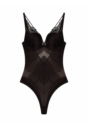 Schwarzer Spitzen-Bodysuit mit Unterdraht-Cups, floralen Mustern, verstellbaren Trägern und transparenten Mesh-Einsätzen.