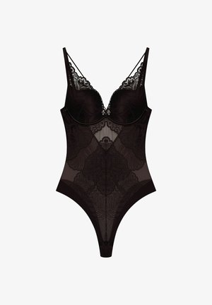 Black lace bodysuit with underwire cups, floral patterns, adjustable straps, and sheer mesh panels.