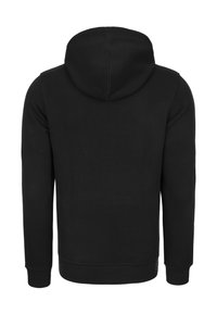 Felpa nera con cappuccio, maniche lunghe, realizzata in tessuto morbido, con cappuccio arrotondato e orlo a costine, design semplice senza loghi visibili.