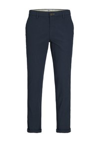 Marineblaue Chinos aus Baumwolle, mit einem vorderen Knopfverschluss, Gürtelschlaufen und umgeschlagenen Säumen. Texturierte Oberfläche mit taillierter Passform.