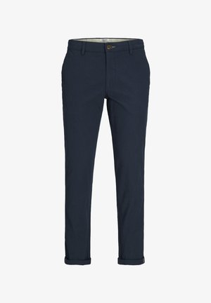 Navy blue chinos made of cotton, featuring a front button closure, belt loops, and rolled cuffs. Textured surface with a tailored fit.