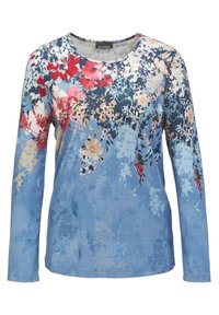 Langärmliges Blumenshirt in Blau mit einer Mischung aus pinken, roten und weißen Blumen. Hergestellt aus weichem Stoff mit einem gerundeten Ausschnitt.