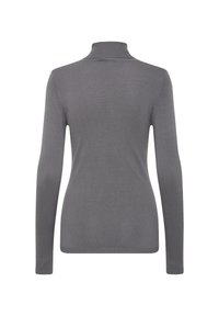 Pelēks, pieguļošs turtlenecks ar garām piedurknēm, gluda tekstūra un ribota apkakle. Aizmugures skats izceļ pielāgoto dizainu.