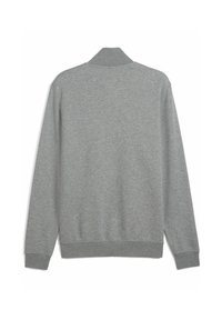 Grå sweatshirt med klæbrignede hals, lange ærmer og ribbede manchetter. Blød tekstur, ensfarvet design, ingen synlige mønstre eller grafik.