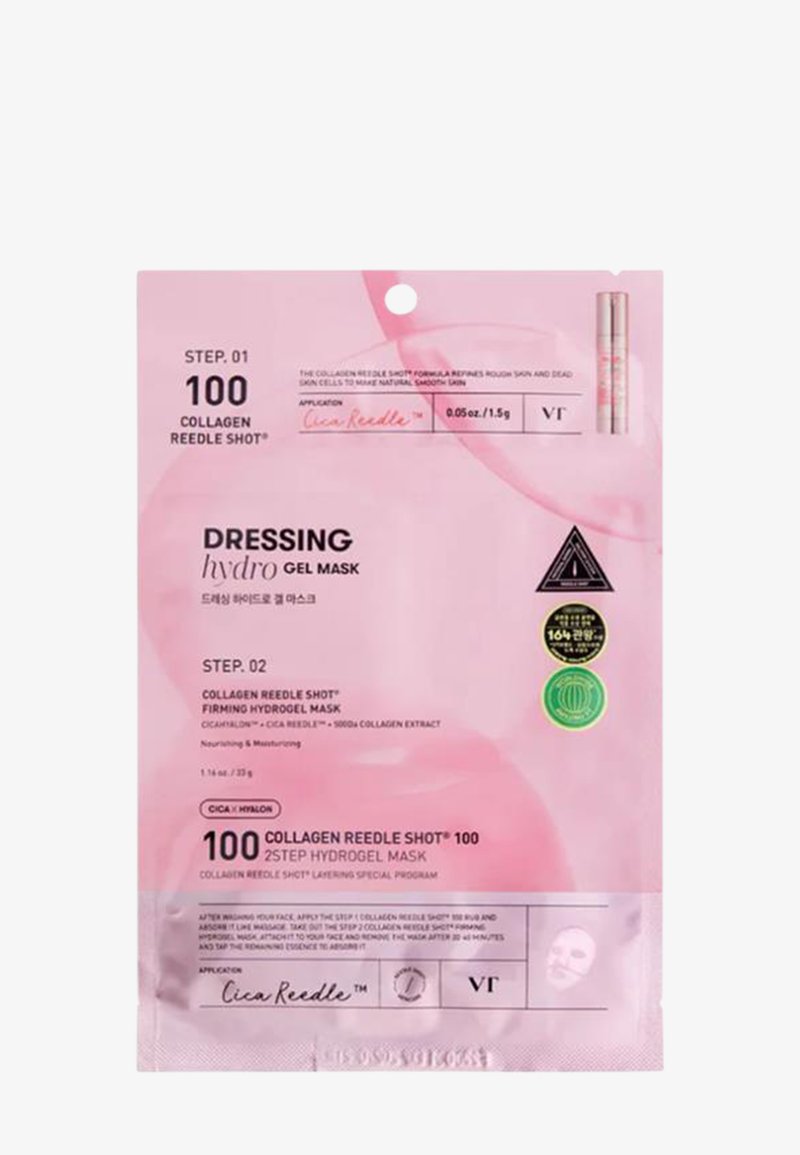 Pinkfarbene Verpackung der VT Dressing Hydro Gel Mask mit Collagen Reedle Shot, zeigt Produktschritte, Anweisungen und Zertifizierungslogos.