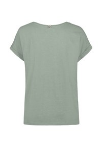 Kurzarm-T-Shirt mit Rundhalsausschnitt in gedämpftem Grün, aus weichem Stoff und mit lockerer Passform. Verfügt über umgeschlagene Ärmel und ein kleines Etikett auf der Rückseite.
