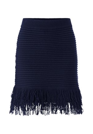 Falda de punto azul marino con ribete horizontal y dobladillo con flecos.