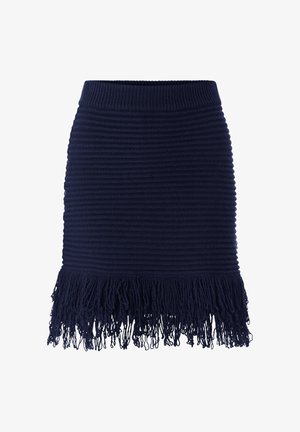 Falda de punto azul marino con ribete horizontal y dobladillo con flecos.