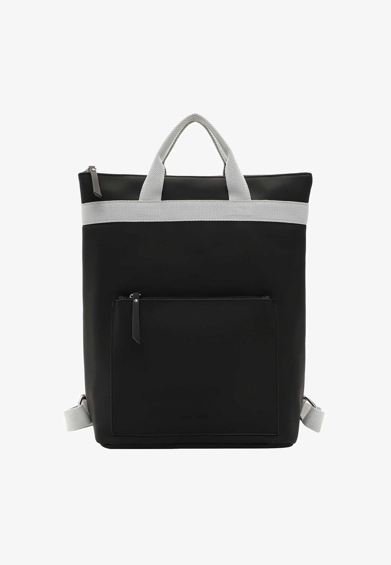 Black backpack with grey straps, made of smooth material. Features a front zip pocket and dual carry options: top handles and adjustable straps.