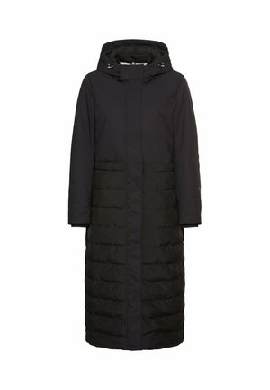Lang zwarte gewatteerde winterjas met capuchon, volledige rits aan de voorkant en gestikte onderkant.