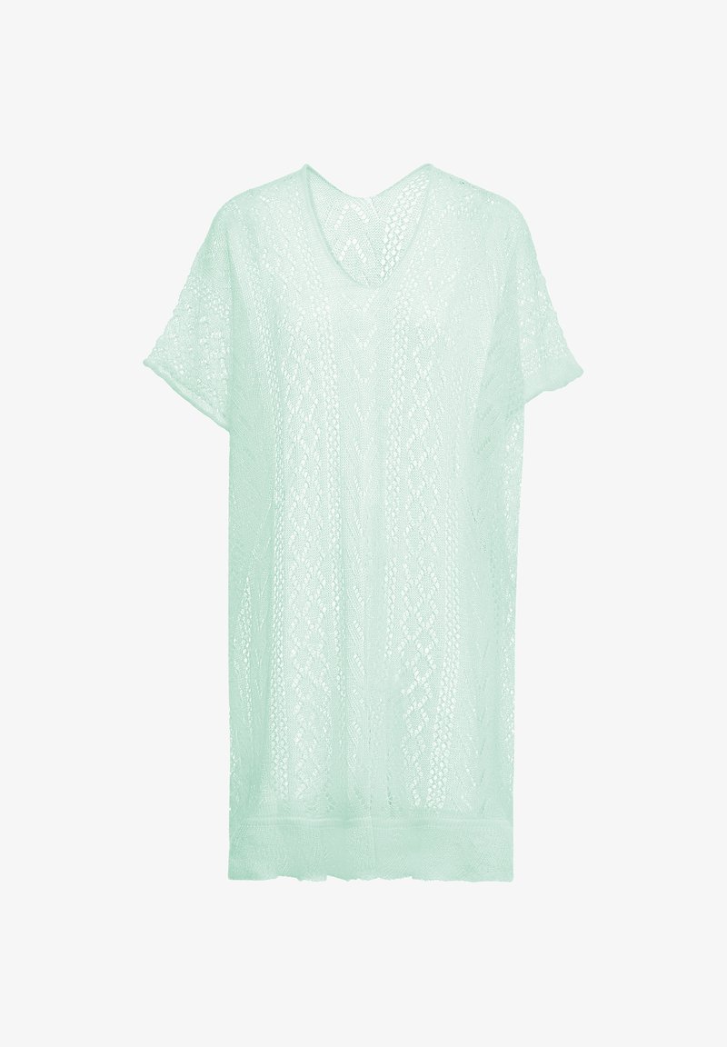 Jasno miętowy, dzianinowy top z dekoltem w serek, krótkimi rękawami oraz textured pattern z otwartym splotem w całej powierzchni.