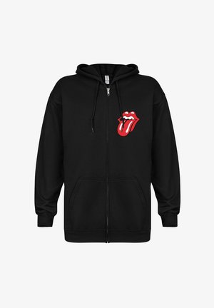 Zwarte hoodie met rits, gemaakt van zachte stof, met een rood tonglogo op de linkerkant van de borst en voorzakken.
