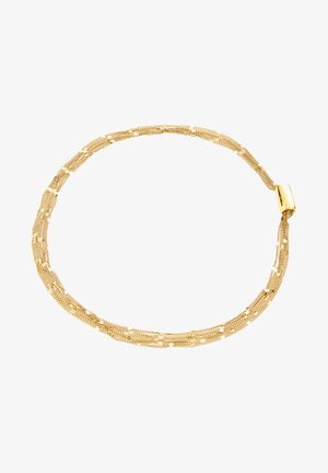 Kultaketju, jossa on monimutkainen verkkomuotoilu, jossa on linkitettyjä osia ja sileä suorakulmainen kiinnitys. Rikkaita pintarakenteita, joissa on heijastavia yksityiskohtia.