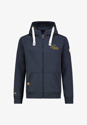 Marineblauwe hoodie met ritssluiting, gemaakt van katoenmix, met witte trekkoorden, zijzakken, gele logo-borduring en geribbelde manchetten en zoom.
