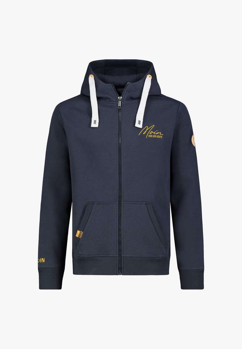 Navy zip-up hoodie made of cotton blend, featuring white drawstrings, side pockets, yellow logo embroidery, and ribbed cuffs and hem.