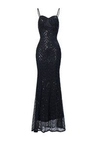 Schwarzes bodenlanges Paillettenkleid mit Spaghettiträgern und einer taillierten Silhouette, die ein drapiertes, gewelltes Muster aufweist.
