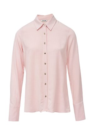 Camisa de mangas largas en un suave color rosa pálido, con cuello, cierre frontal de botones y botones en tono dorado. Tejido suave con un ligero brillo.