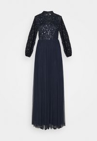 Vestido largo azul marino con un cuerpo de lentejuelas, mangas largas con volumen y una falda plisada fluida, confeccionado en una tela ligera.