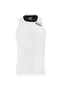 Weißes ärmelloses Sporttanktop aus Mesh-Stoff, mit einem runden schwarzen Kragen und einem schwarzen "Kempa"-Logo auf der Vorderseite.