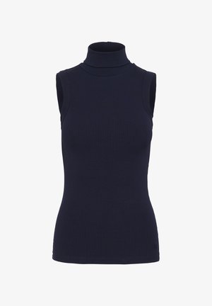 Beżowy top bez rękawów w prążkowanej tkaninie, z wysokim kołnierzem i dopasowanym krojem, o gładkiej fakturze i minimalnych detalach.