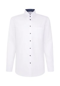 Witte blouse met lange mouwen en zwarte knopen, een borstzak en een marineblauwe kraagvoering met stippen. Glad stof met een getailleerd ontwerp.