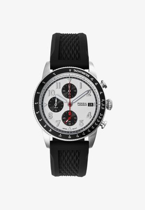 Reloj de pulsera cronógrafo con correa de goma negra, caja plateada, esfera blanca, tres subesferas negras, aguja roja de segundos y bisel taquimétrico.