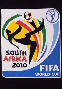 Grafisch ontwerp met een zwarte silhouet van een voetballer in actie, omgeven door kleurrijke vormen en tekst: "Zuid-Afrika 2010 FIFA Wereldbeker."