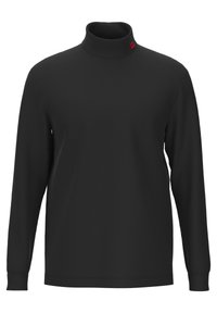 Schwarzes Langarm-Turtleneck aus glattem Stoff; hat einen hohen Kragen und ein kleines rotes Etikett am Hals.