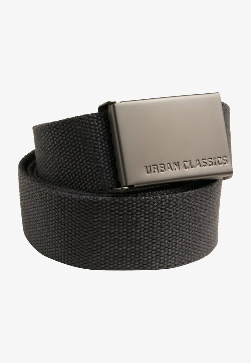 Black fabric belt with a textured canvas finish, featuring a rectangular metal buckle engraved with "URBAN CLASSICS."