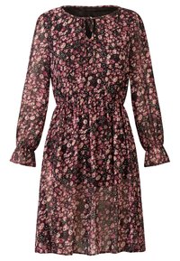 Robe florale en tissu noir transparent, ornée d'un motif de fleurs multicolores, à manches longues avec des poignets évasés et une taille froncée.
