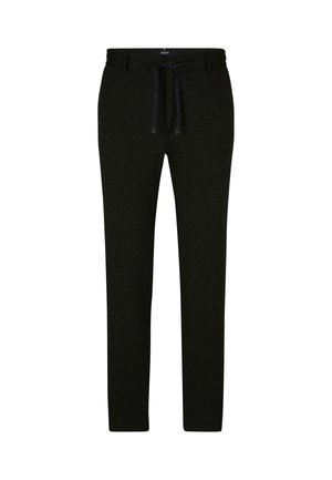 Pantalon noir slim à taille normale avec passants pour ceinture, fermeture par bouton et cordon de serrage à l'avant, présenté sur un fond blanc.
