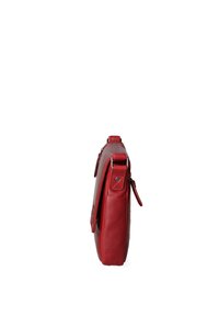 Borsa a tracolla rossa in pelle, forma rettangolare con superficie liscia, chiusura con zip, manico laterale e tracolla regolabile.