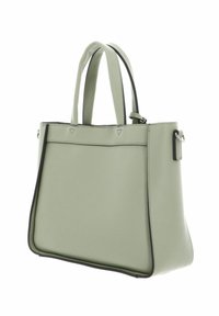 Sac fourre-tout en similicuir vert avec doubles poignées, texture lisse, accents de design triangulaires et bords noirs contrastants.