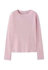 Maglietta a maniche lunghe rosa chiaro con scollo a girocollo a coste e vestibilità comoda, mostrata in posizione piatta su uno sfondo bianco.
