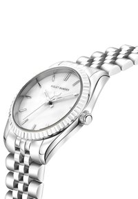 Silberner Edelstahluhren mit strukturiertem Lünette, weißem Zifferblatt und silbernen Stundenmarkierungen. Verfügt über ein Gliederarmband mit glatten, abgerundeten Segmenten.