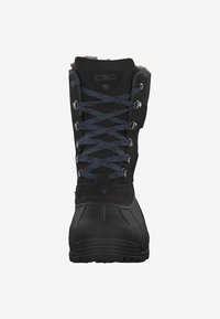 Schwarze wasserdichte Winterstiefel mit grauen Schnürsenkeln, Gummisohle und Fleece-Innenfutter. Verfügt über einen gepolsterten Kragen und eine verstärkte Zehenkappe für Langlebigkeit.