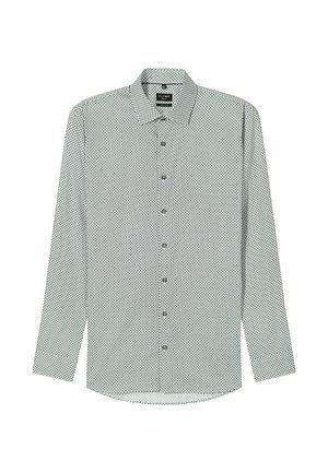 Langarmshirt in lichtgroen met een geometrisch patroon. Voorzien van een klassieke kraag en knoopsluiting, gemaakt van gladde stof.