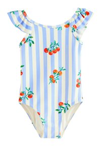 Blå och vit randig baddräkt med volangaxel, har röda körsbär och gröna blad i en strukturerad design. Slätt tyg, one-piece stil.