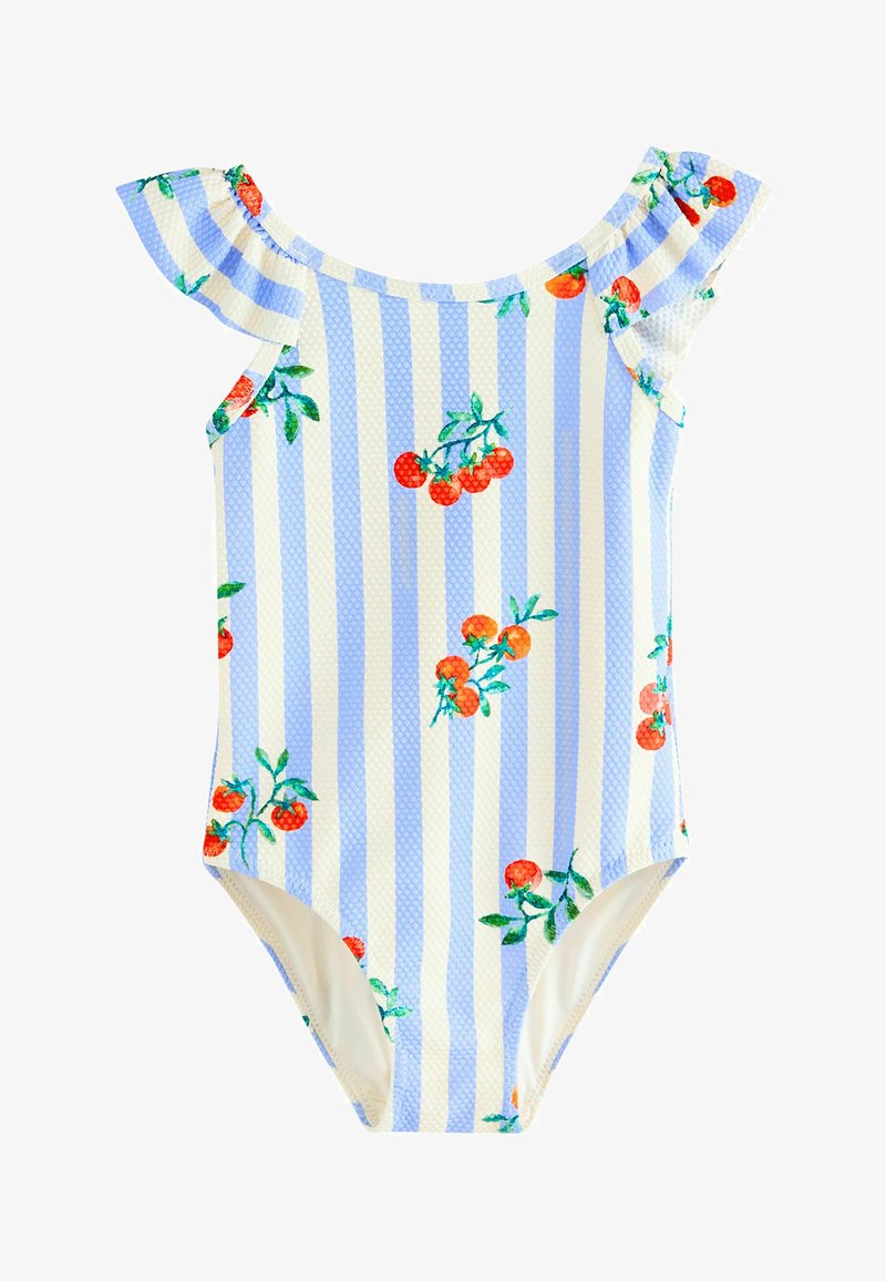 Costume intero con righe verticali blu e bianche e fantasia di ciliegie rosse, con maniche scoperte arricciate.